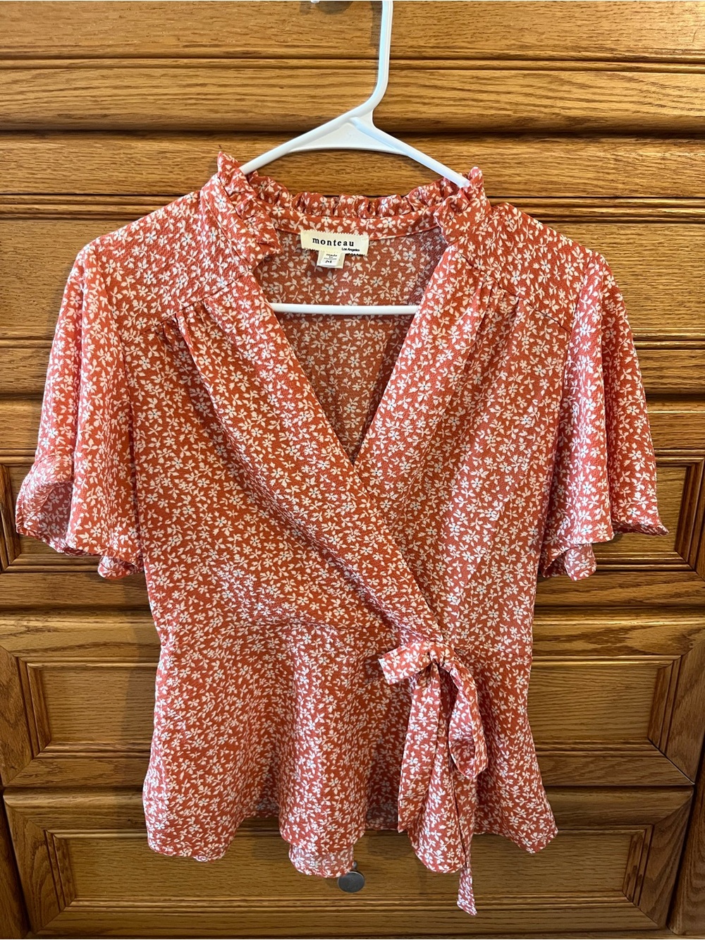Monteau Terracotta Floral Tie-Waist Wrap Blouse